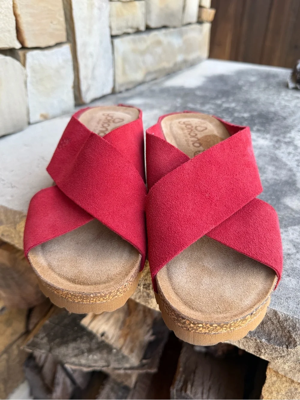 Yokono Red Leather Suede Wedge Slide Sandals Sz-6.5. V